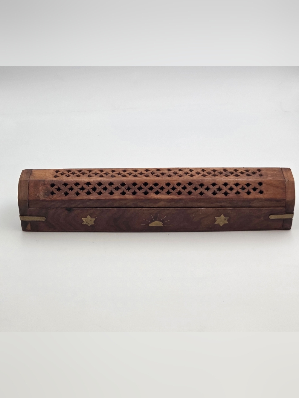 Wood Coffin Incense Stick Burner Holder Box Gold Moon Stars Hand Carved Accents